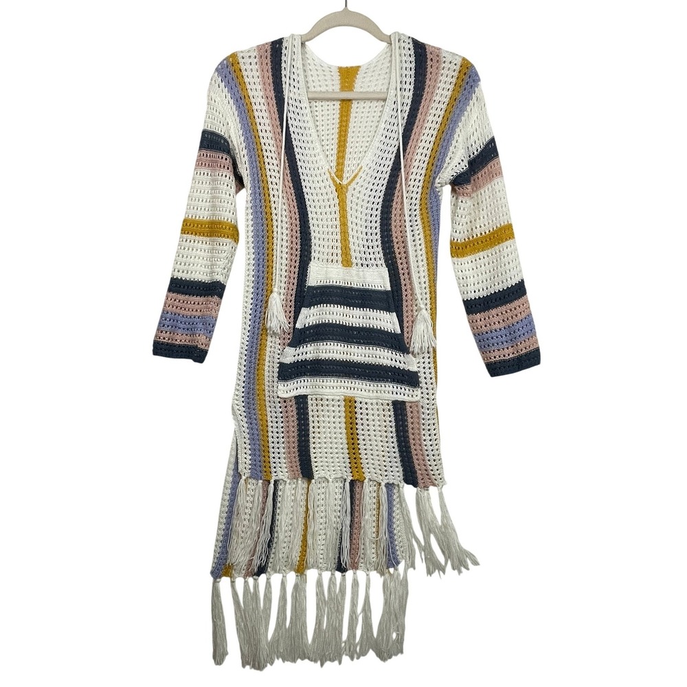 Medium Open Knit Crochet Hooded Dress Fringe Boho Layered Beach Cover‎ Up